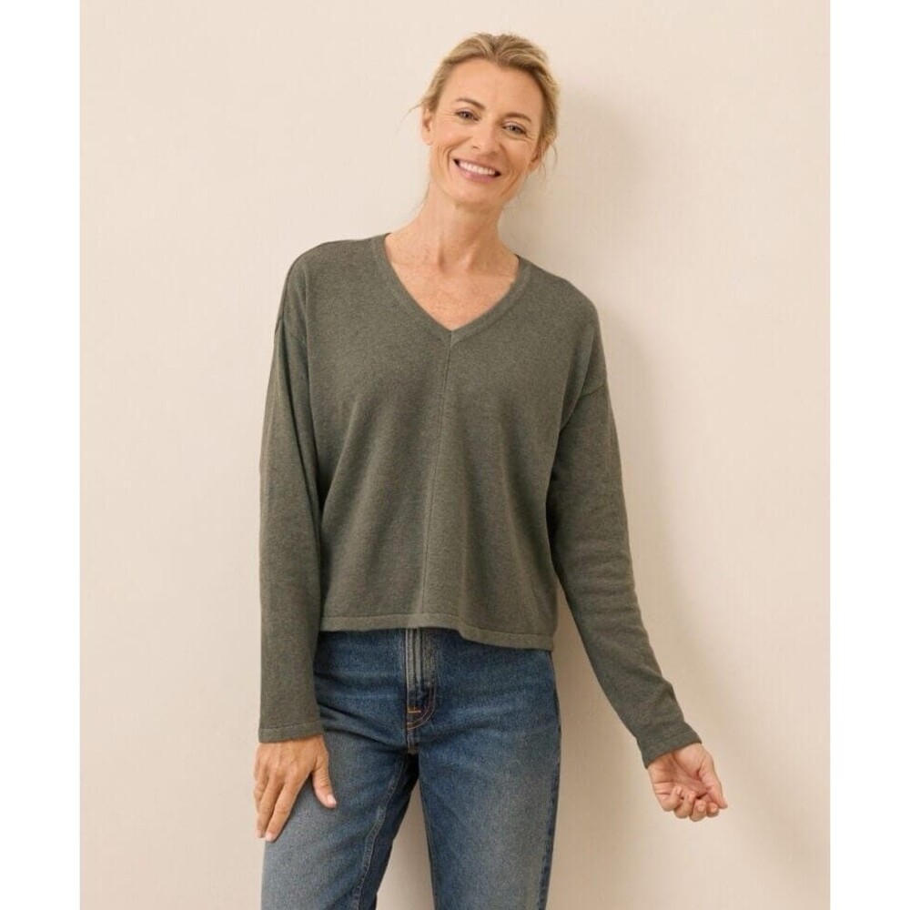 Pact Womens Organic Cotton V-Neck Sweater Olive Long Sleeve Pullover Large